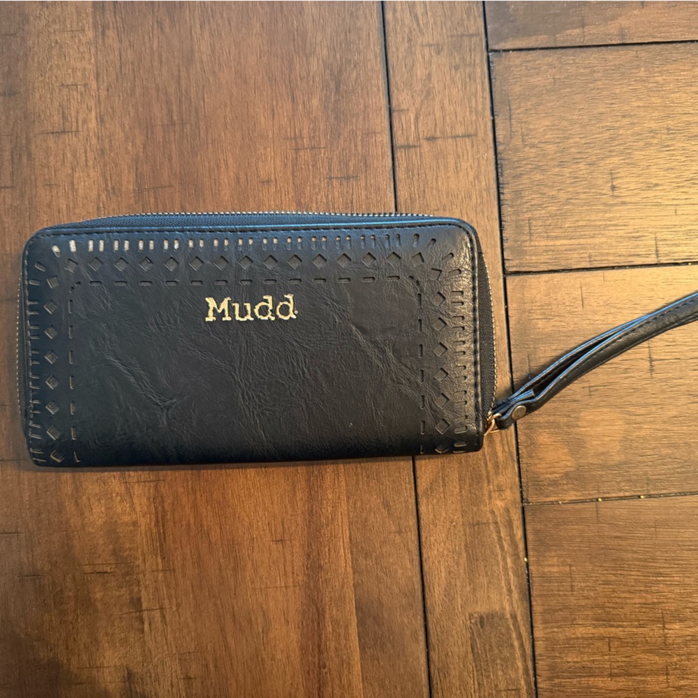 Mudd Black Leather Wristlet with Gold Logo